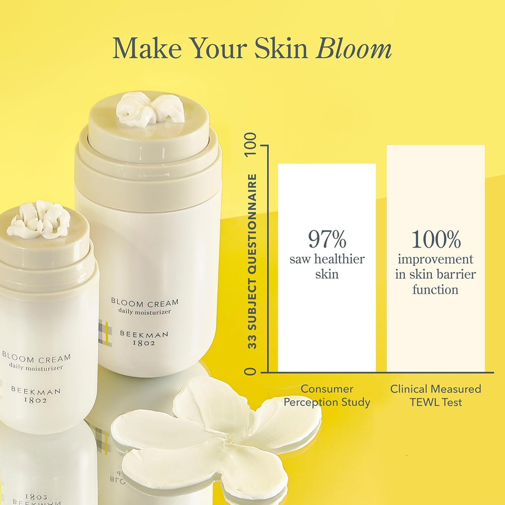 Beekman 1802 Bloom Cream on face after gentle massage