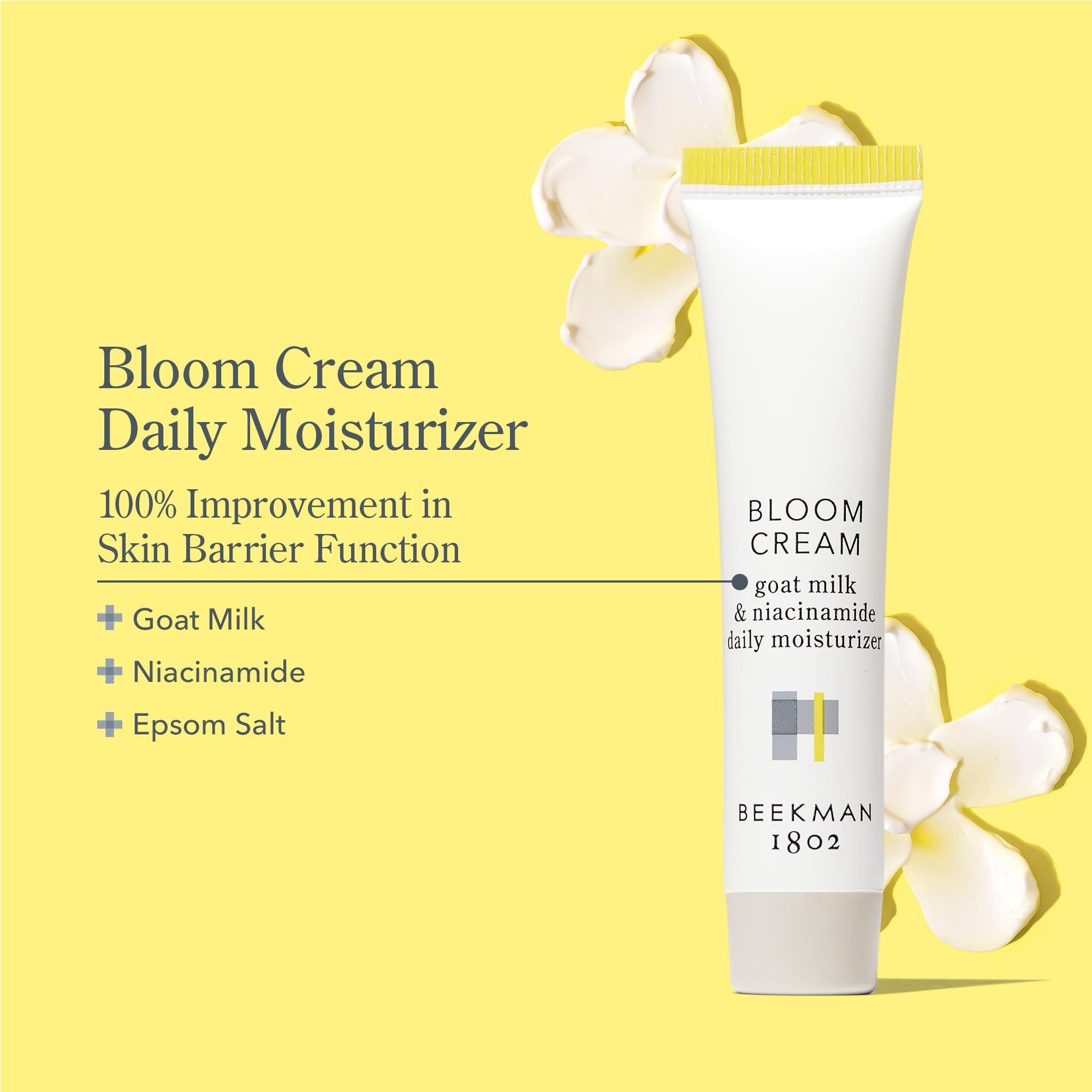Beekman 1802 Bloom Cream texture swatch highlighting light, fast-absorb formula