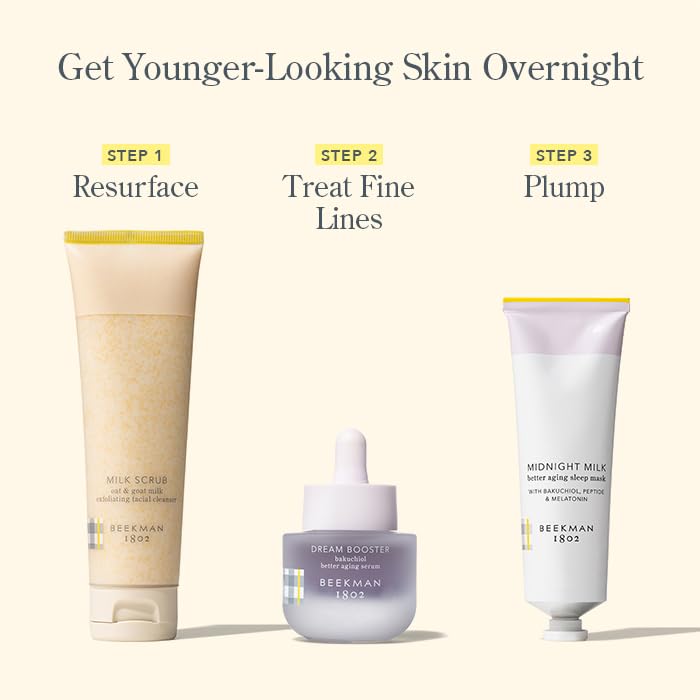 Emballage vegan du Beekman 1802 Dream Booster Bakuchiol Sérum, pratique pour la routine nocturne.