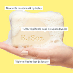 Beekman 1802 Goat Milk Bar close-up shows creamy texture ideal for sensitive skin.