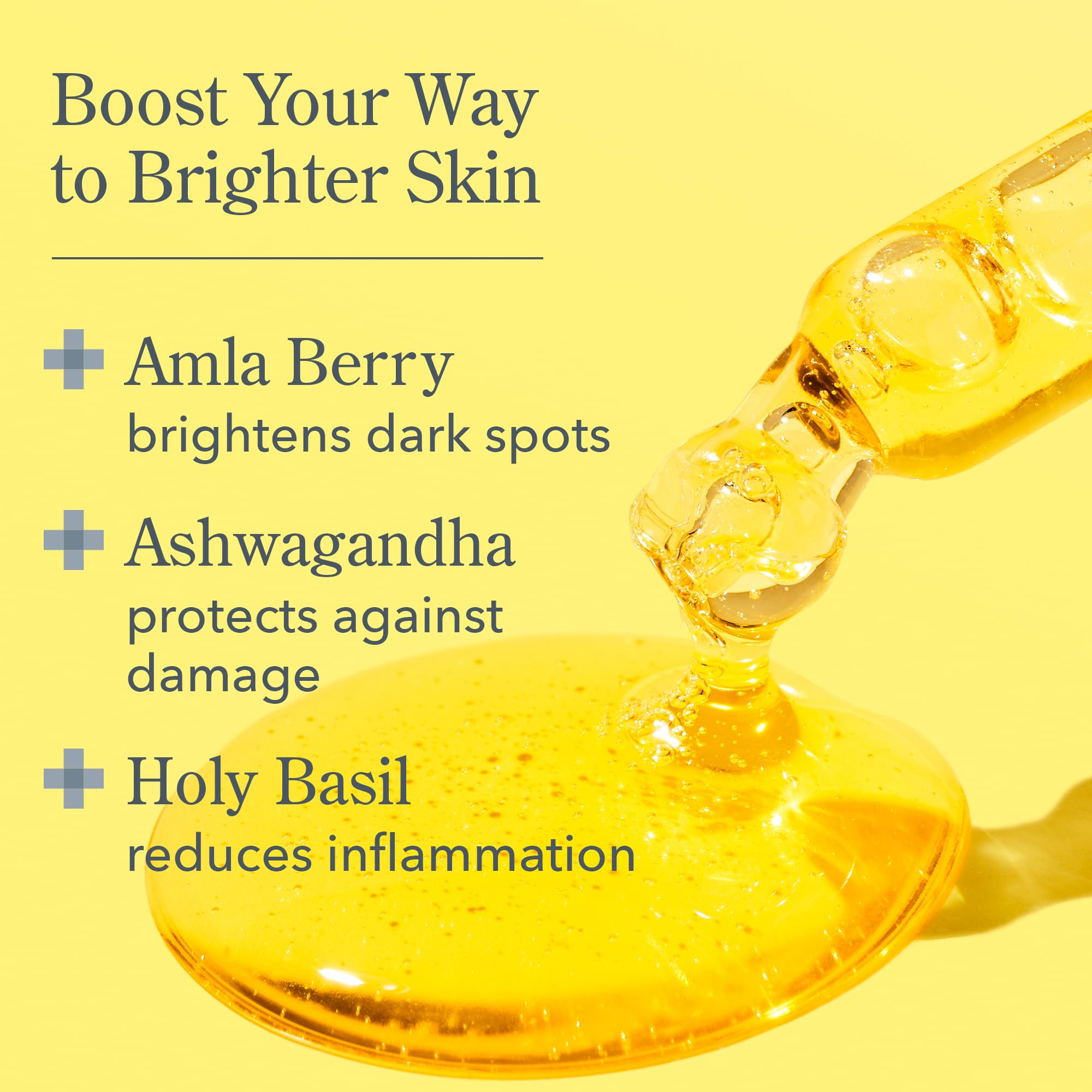 Beekman 1802 Golden Booster Amla Berry Serum – pipette: absorption rapide sans fini gras.