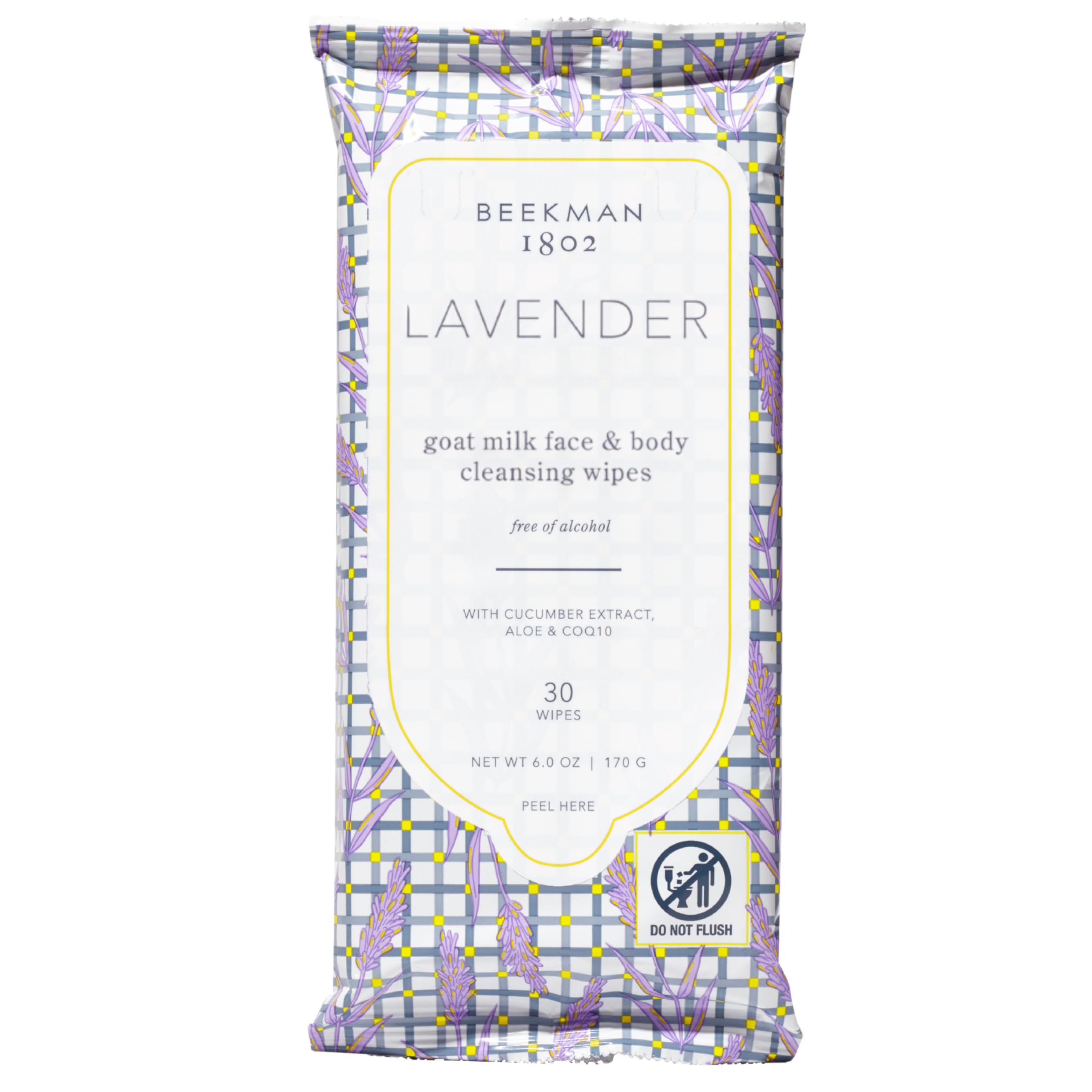 Beekman 1802 lingettes lavande, emballage pratique pour nettoyage rapide.