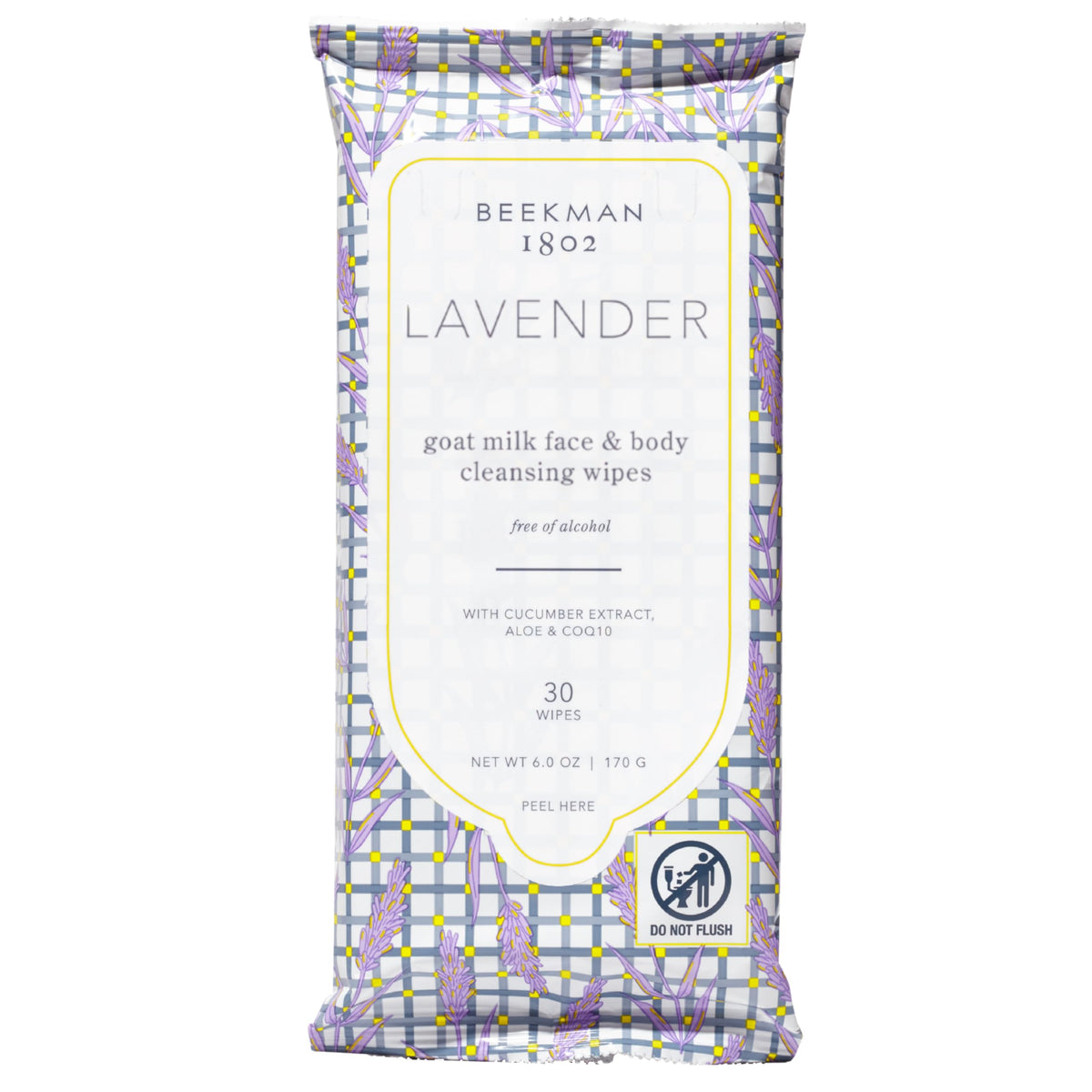 Beekman 1802 lingettes lavande, emballage pratique pour nettoyage rapide.