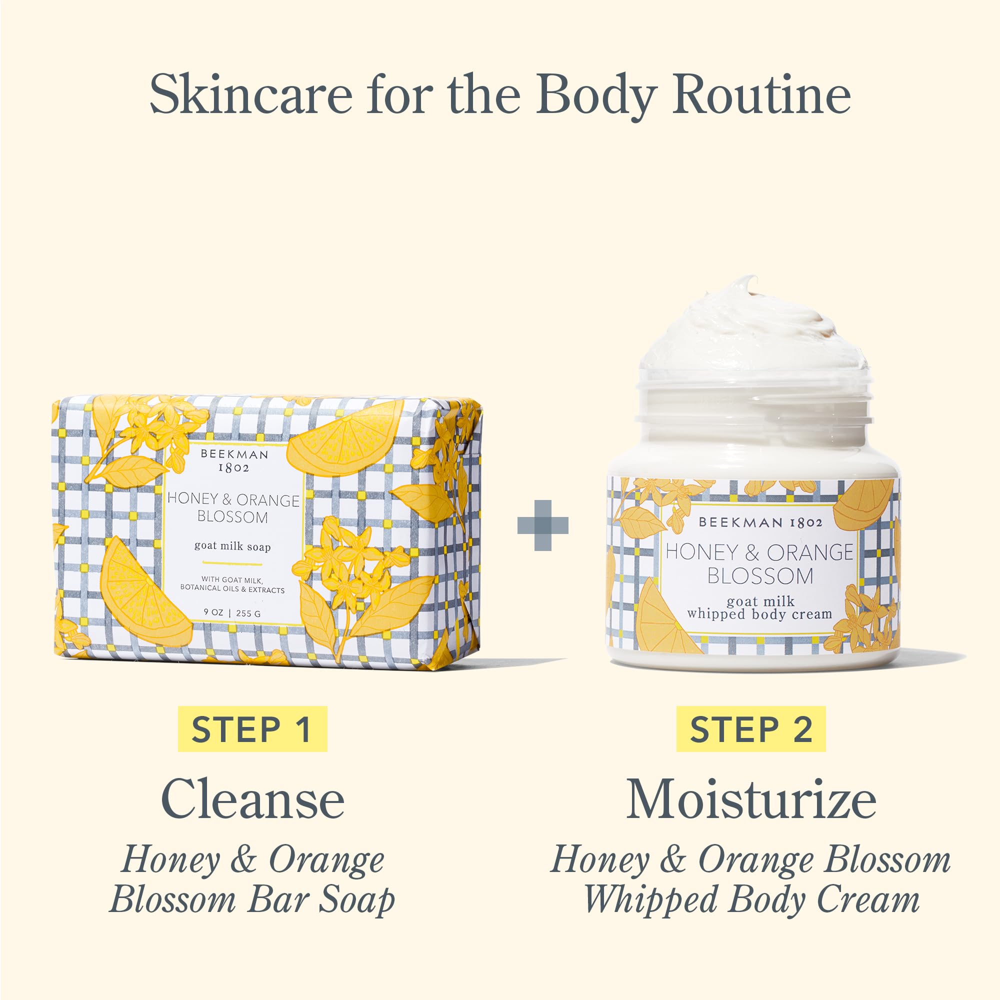Beekman 1802 product display in vanity setting invites soft hydration.