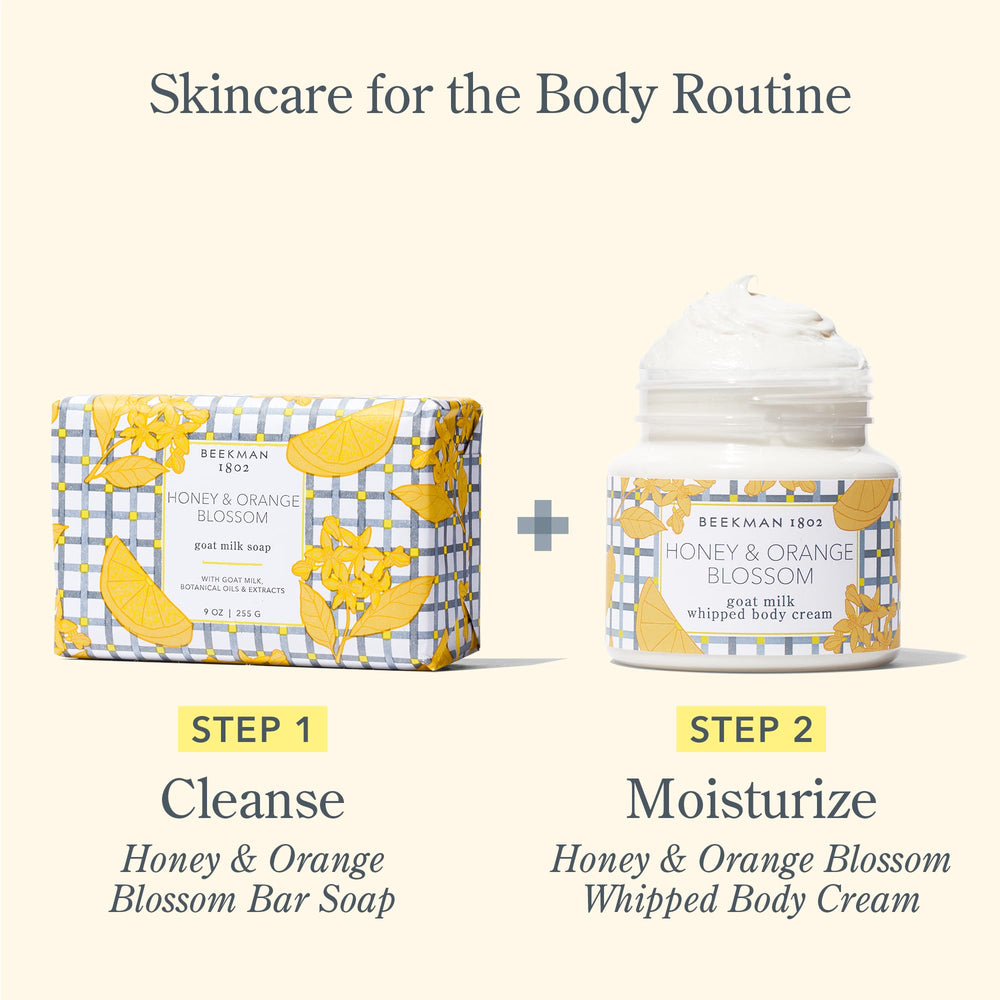 Beekman 1802 product display in vanity setting invites soft hydration.