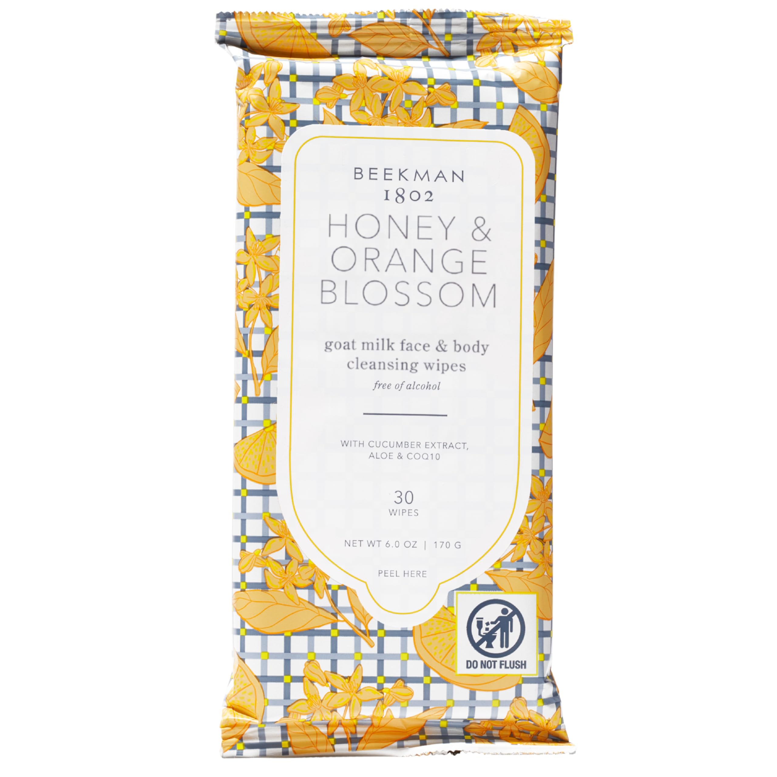 Beekman 1802 lingettes visage et corps miel et fleur d’oranger en emballage pratique.