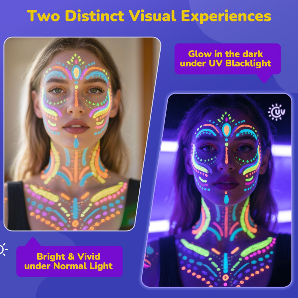 Beesjuy effet UV sur peau scintillant sous néon pour ambiance festive.