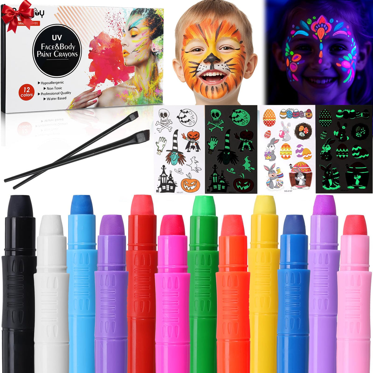 Beesjuy peinture visage fluo 12 pinceaux, couleurs éclatantes pour créations audacieuses.