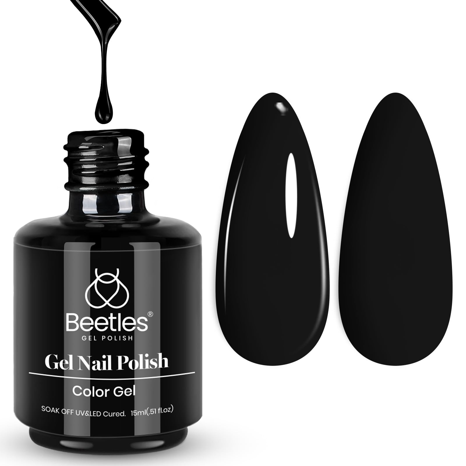 Vernis gel noir Beetles Audrey, flacon 15 ml, couleur intense et longue tenue.