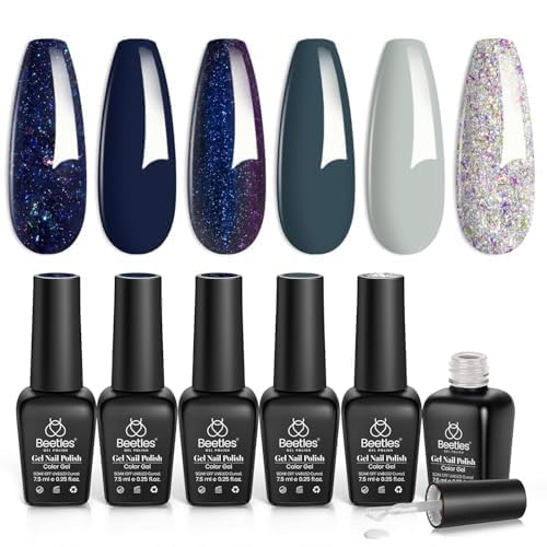 Beetles bleu nuit scintillant ensemble – six teintes prêtes pour une manucure durable.