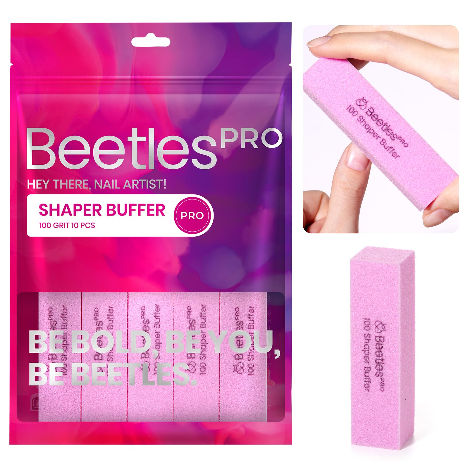 Bloc de polissage Beetles rose 4 cotes pour ongles naturels, finition lisse.