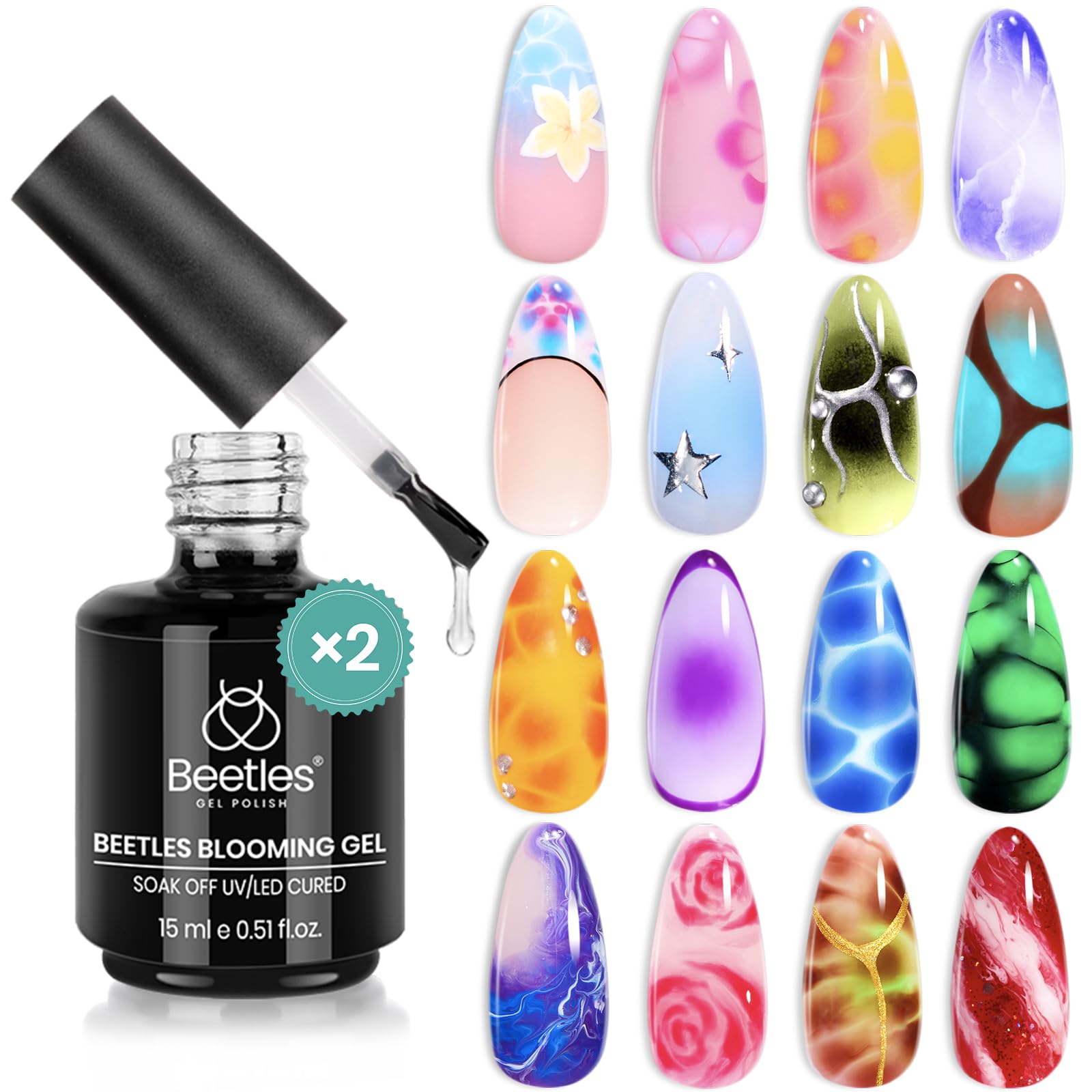 Beetles Blooming Gel: bouteille claire pour un effet floraison précis et élégant.