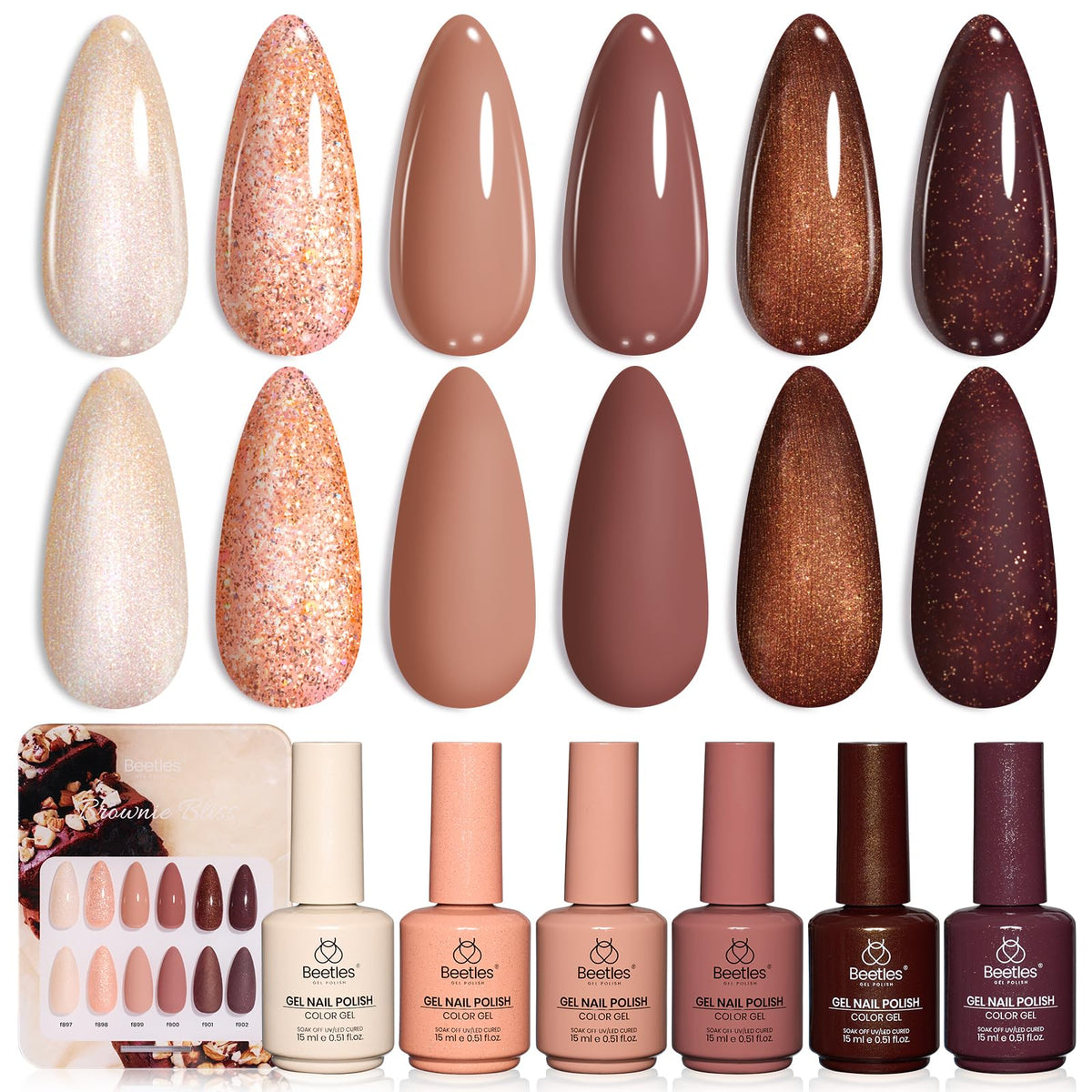 Beetles Brown Gel Polish: ensemble sur présentoir montrant six couleurs riches et chaudes.