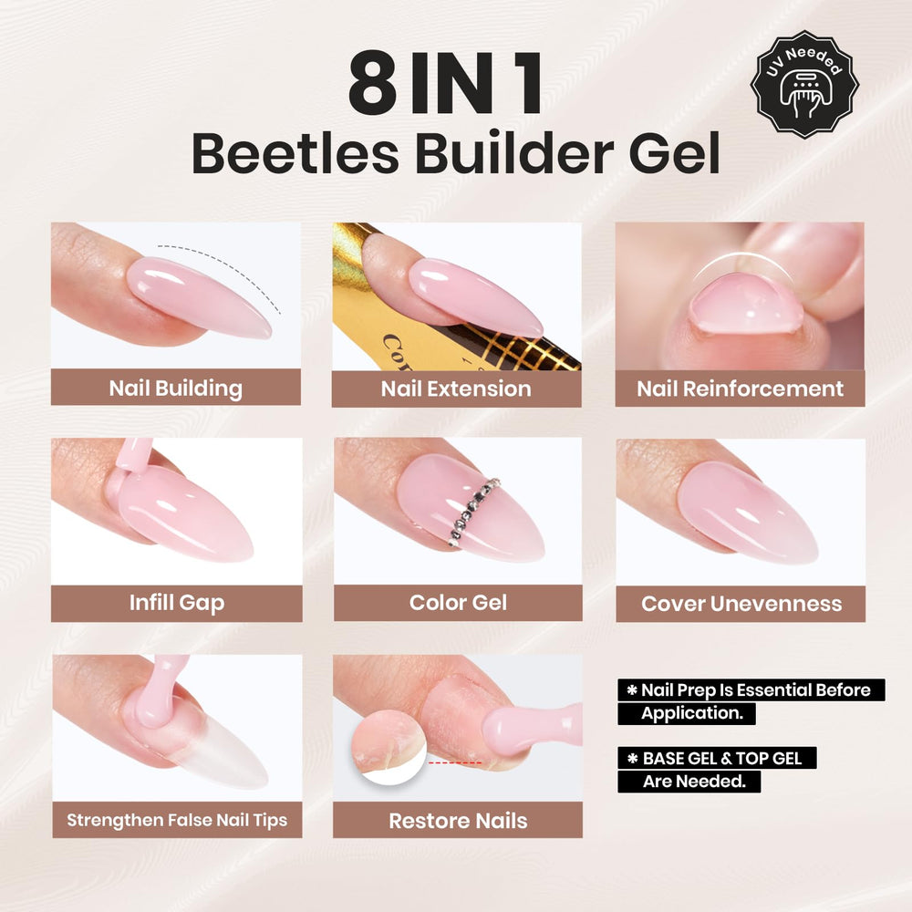 Beetles Builder Gel – application sur ongles nude avec aspect naturel.
