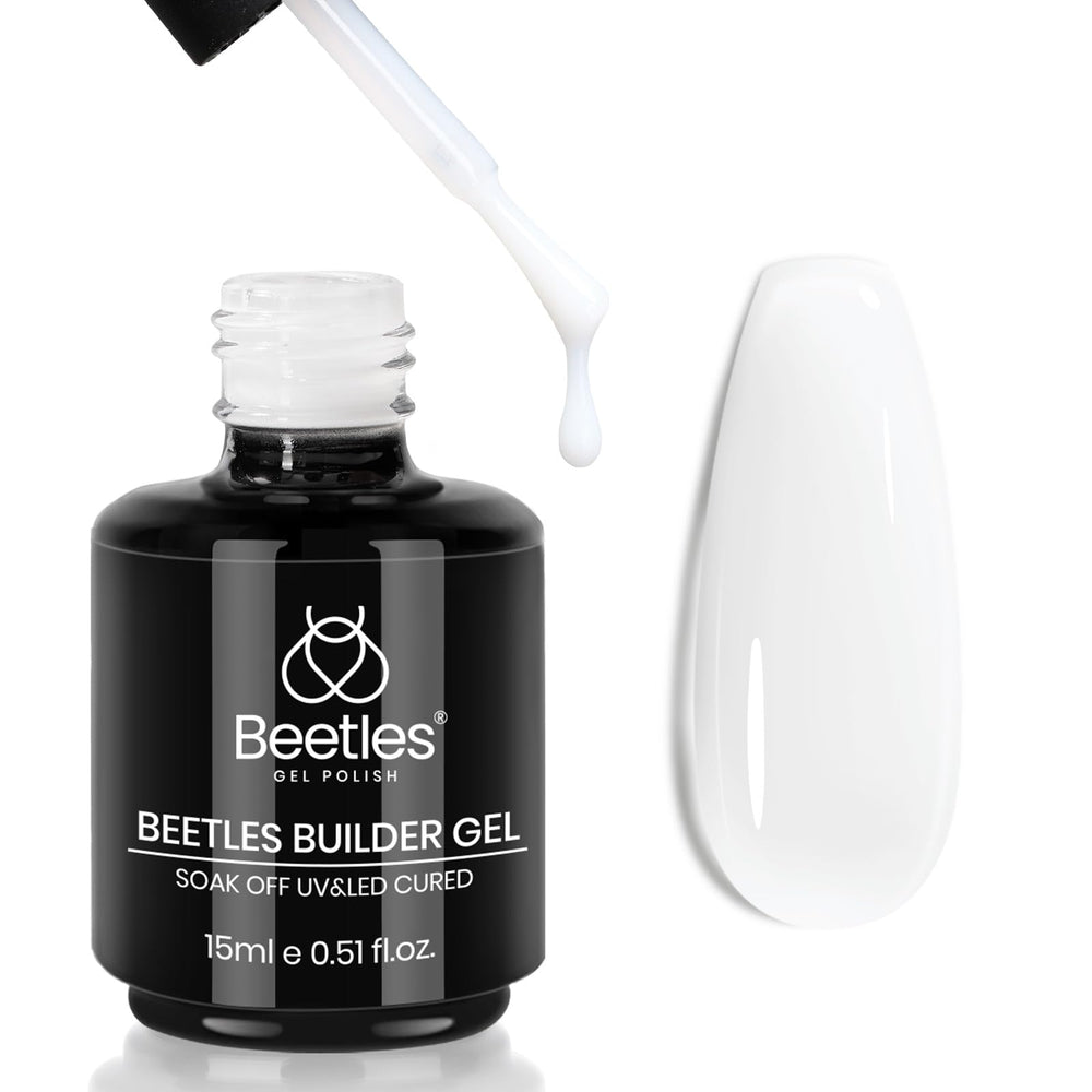 Beetles Builder Gel Blanc laiteux en flacon, idéal pour extensions durables.