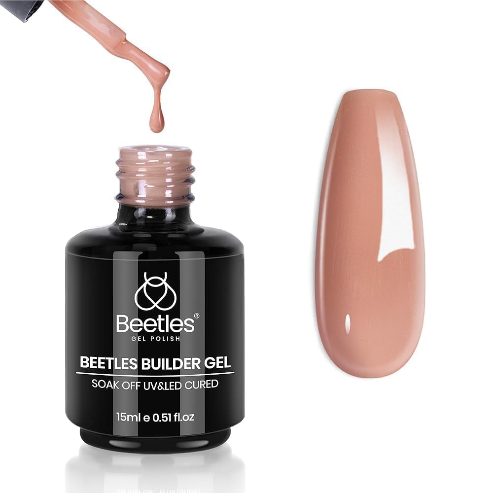 Beetles Builder Gel dans une bouteille nude-brun, application fluide et durable.