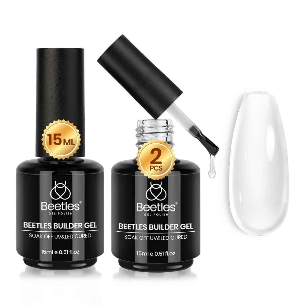 Beetles Builder Gel, bouteille transparente et ensemble: renforce, étend et sublime les ongles à domicile.