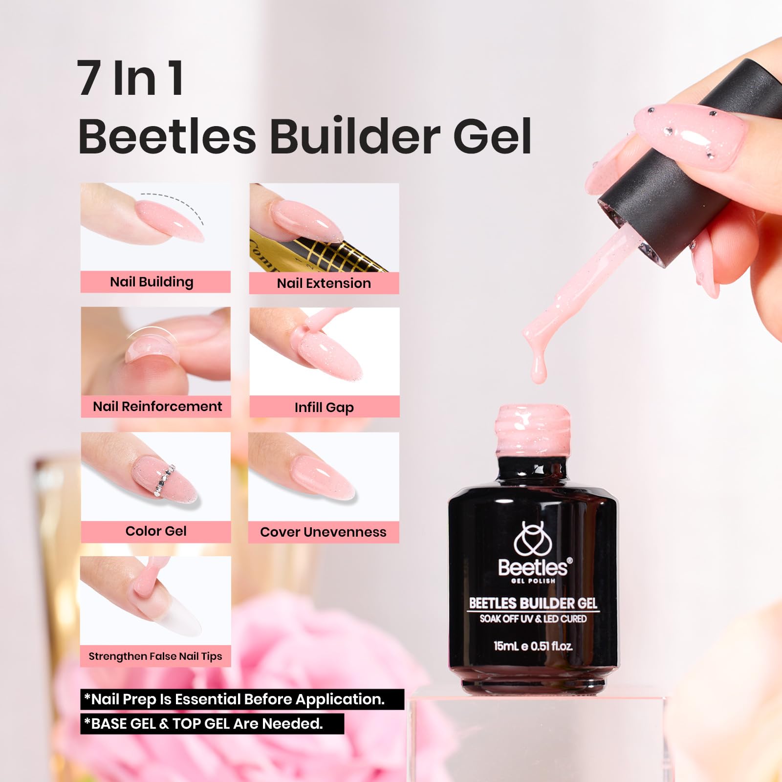 Beetles Builder Gel, brosse 9 mm pour un contrôle précis.