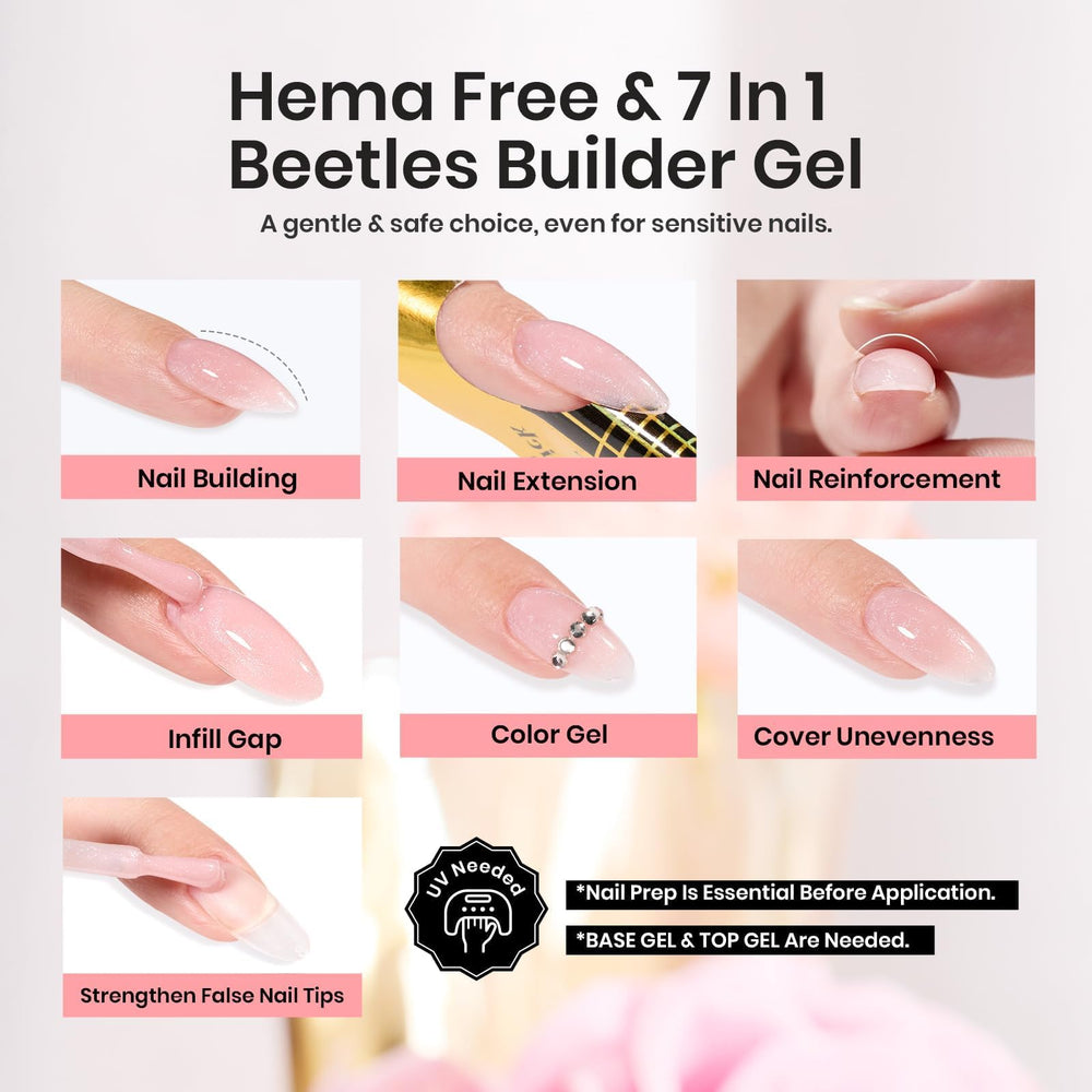 Beetles Builder Gel Rose Glitter – efficacité 7-en-1 pour allonger et renforcer les ongles.
