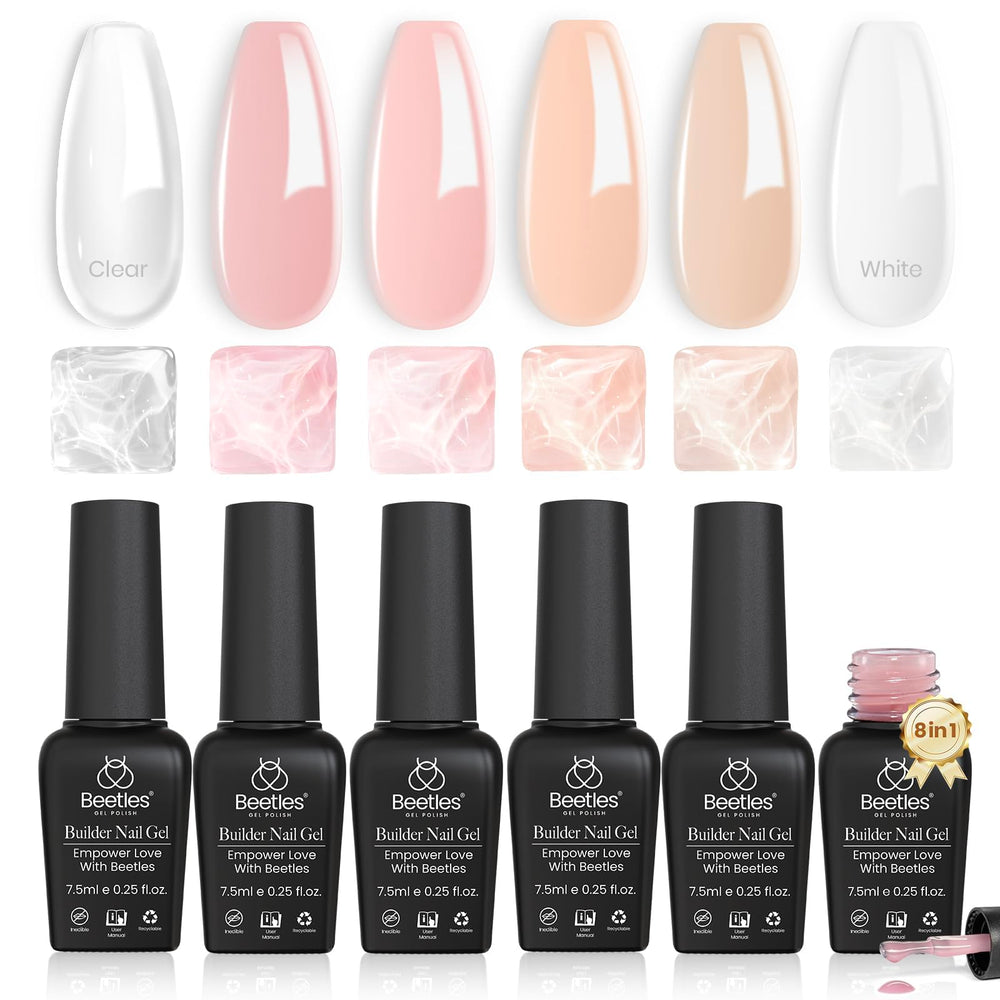 Beetles Builder Gel Set avec six nuances nude pour overlays naturels et élégants.