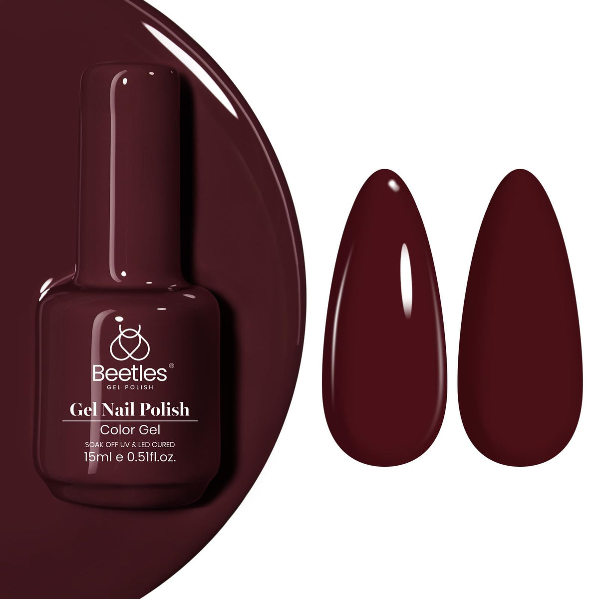 Beetles Burgundy Red gel polish bottle shot showing rich color for at-home nails