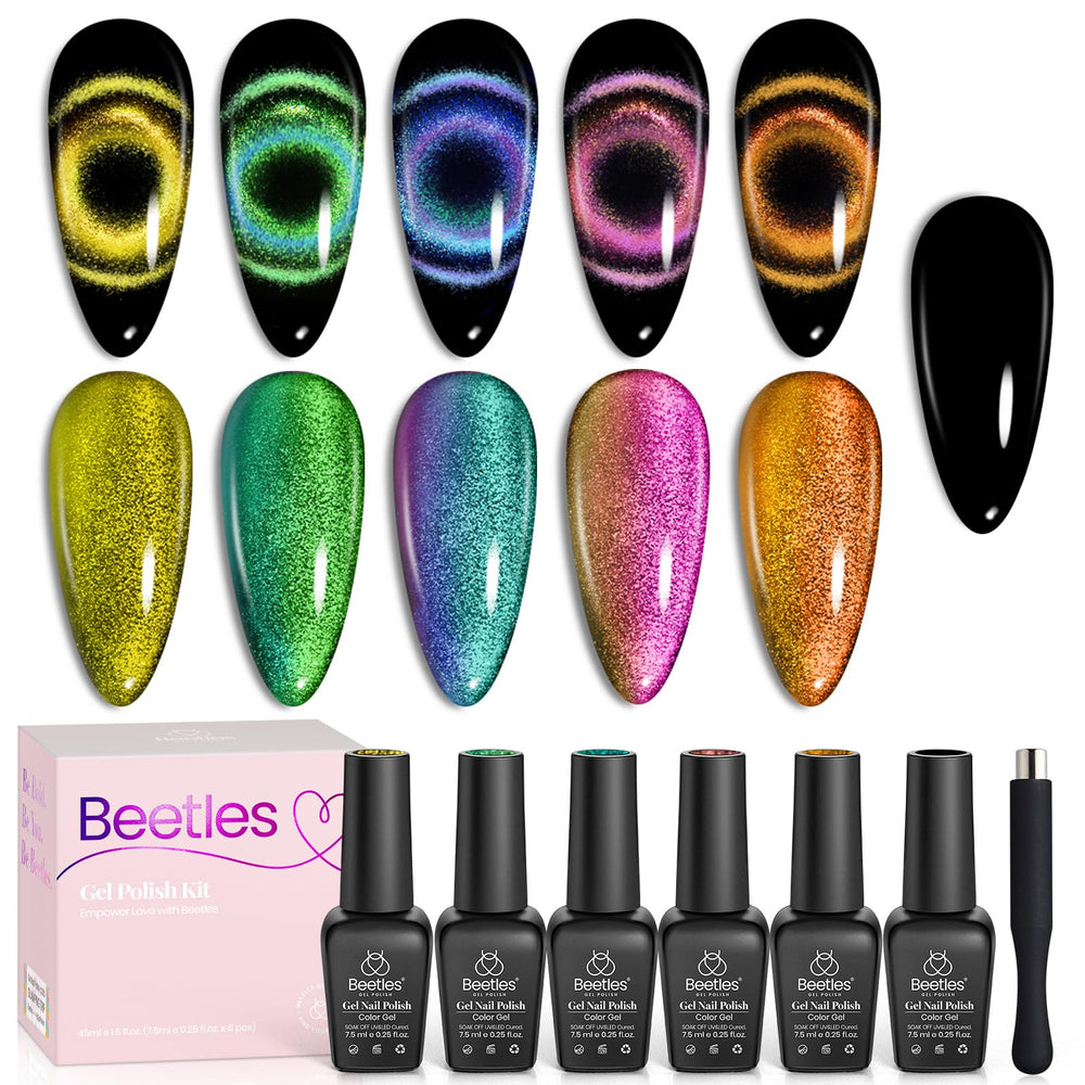 Beetles Gel Polish effet chat-yeux: palette complète de 6 couleurs prêtes à tester.