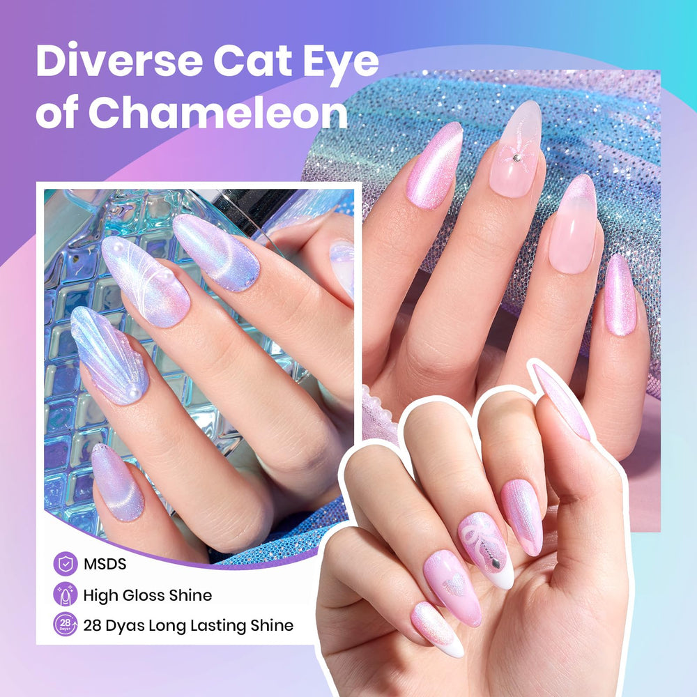 Beetles Cat Eye Green Swatch reveals verdant reflective cat eye effect under light.