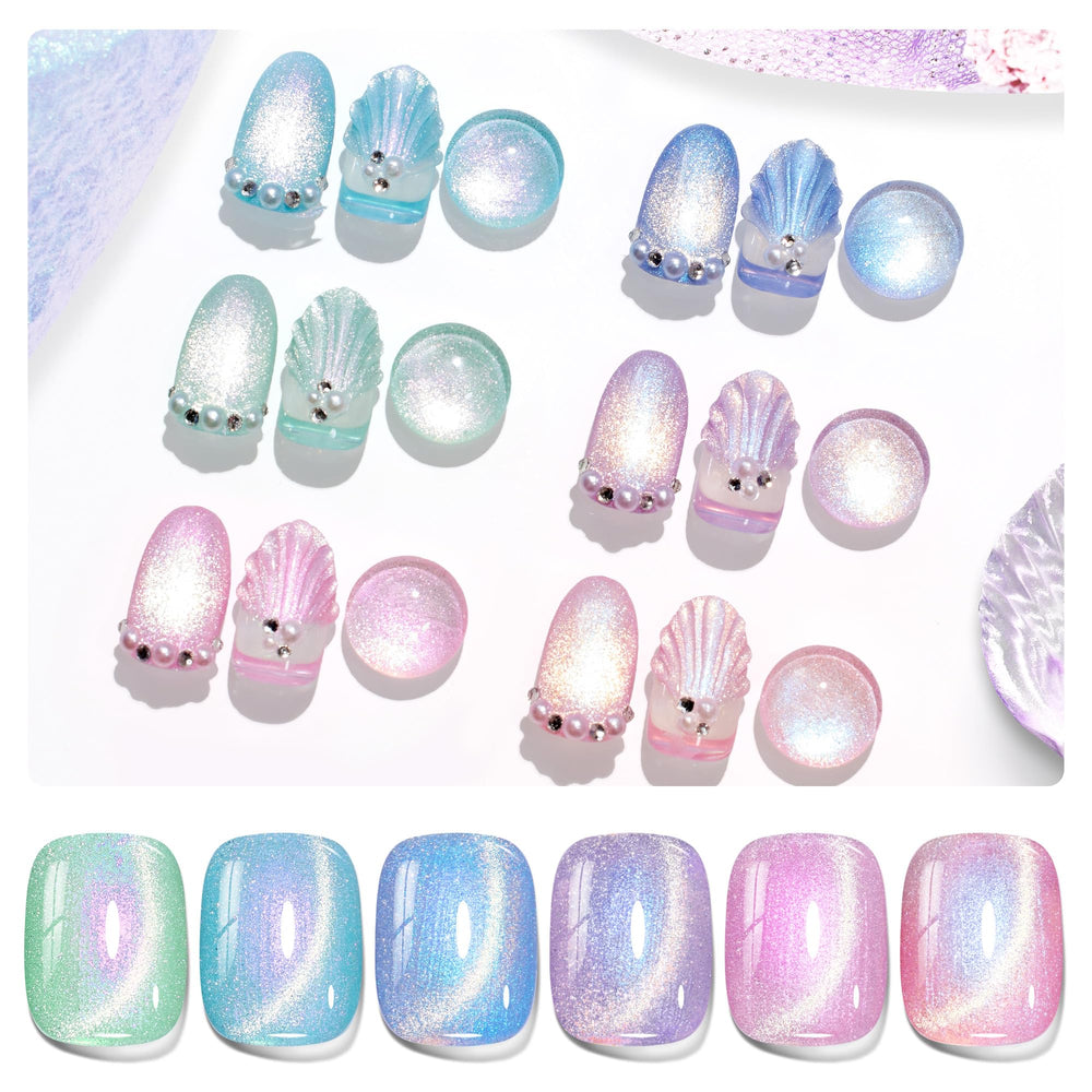 Beetles Cat Eye Gel Nail Polish Set – Summer Mirage collection swatches show shimmering gradients.