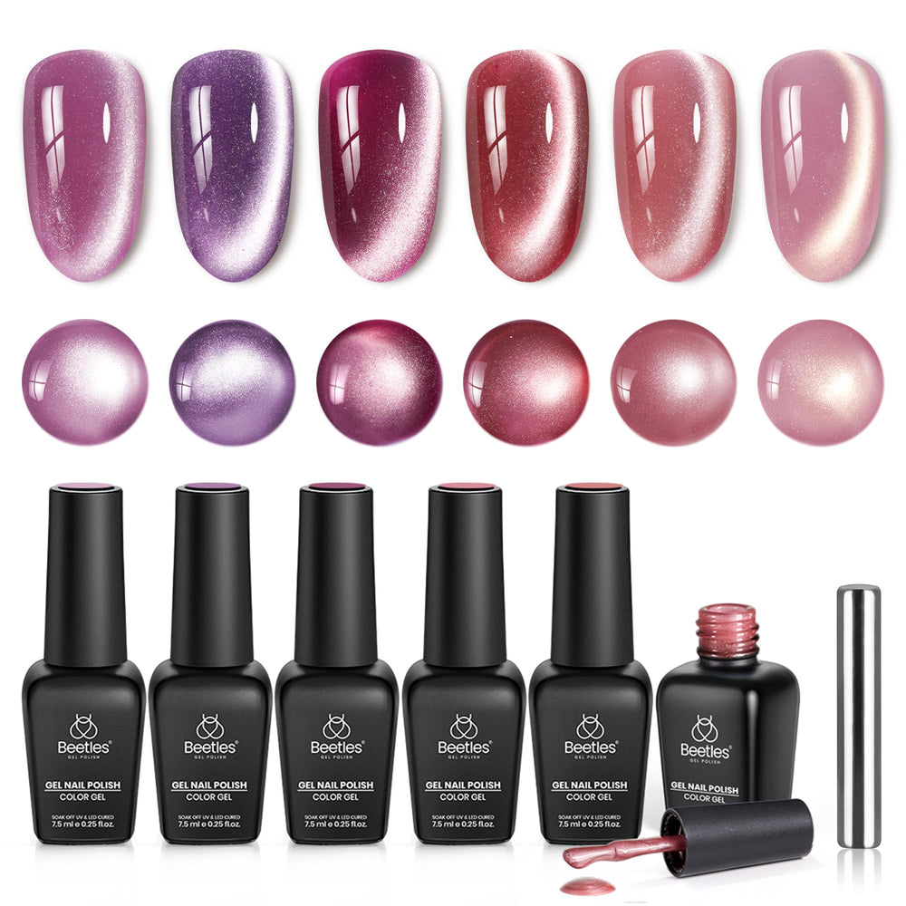 Beetles Cat Eye Gel Polish – ensemble 6 couleurs rose-violet-rouge pour une manucure elegante