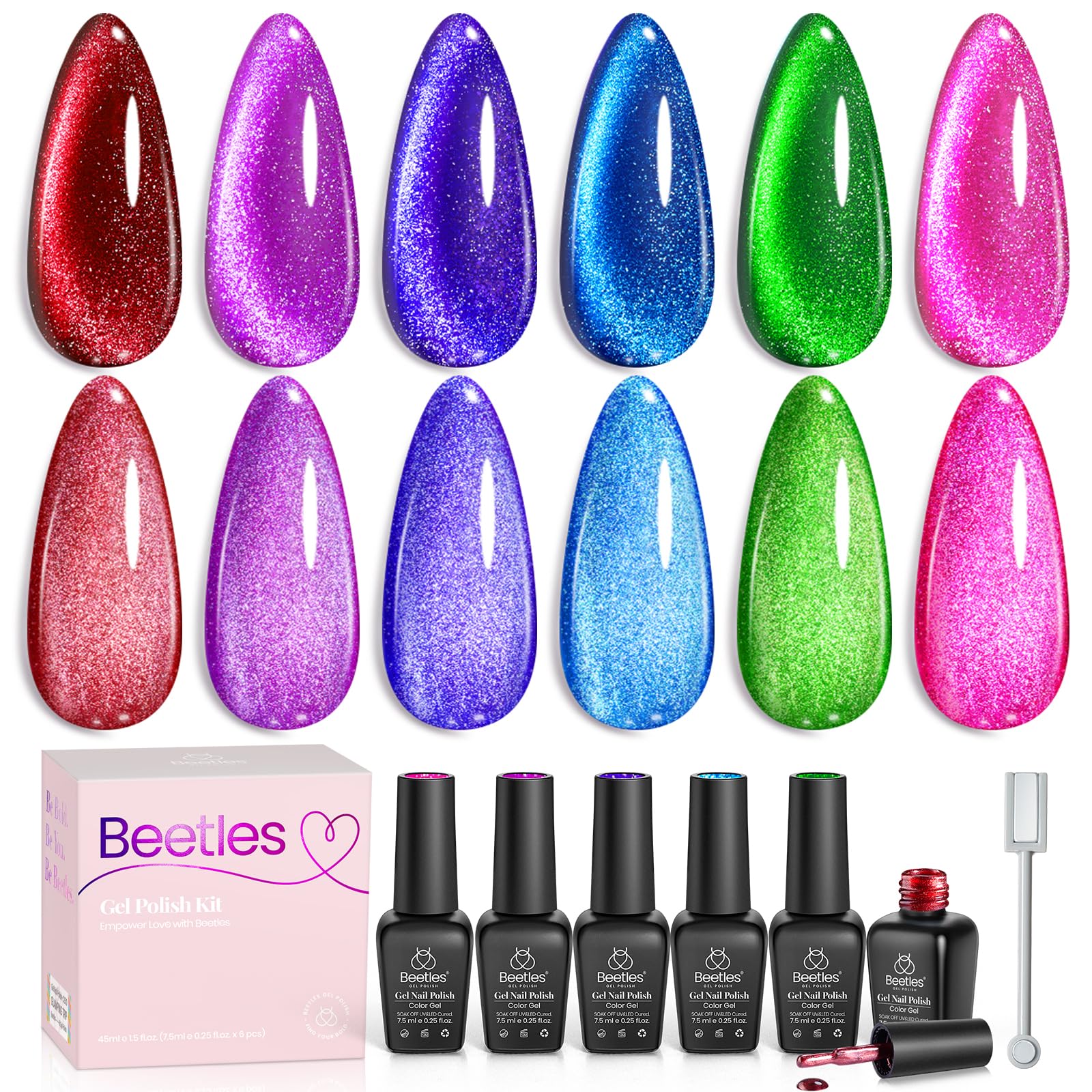 Beetles Cat Eye neon red swatch with magnetic shimmer for chic nails.
