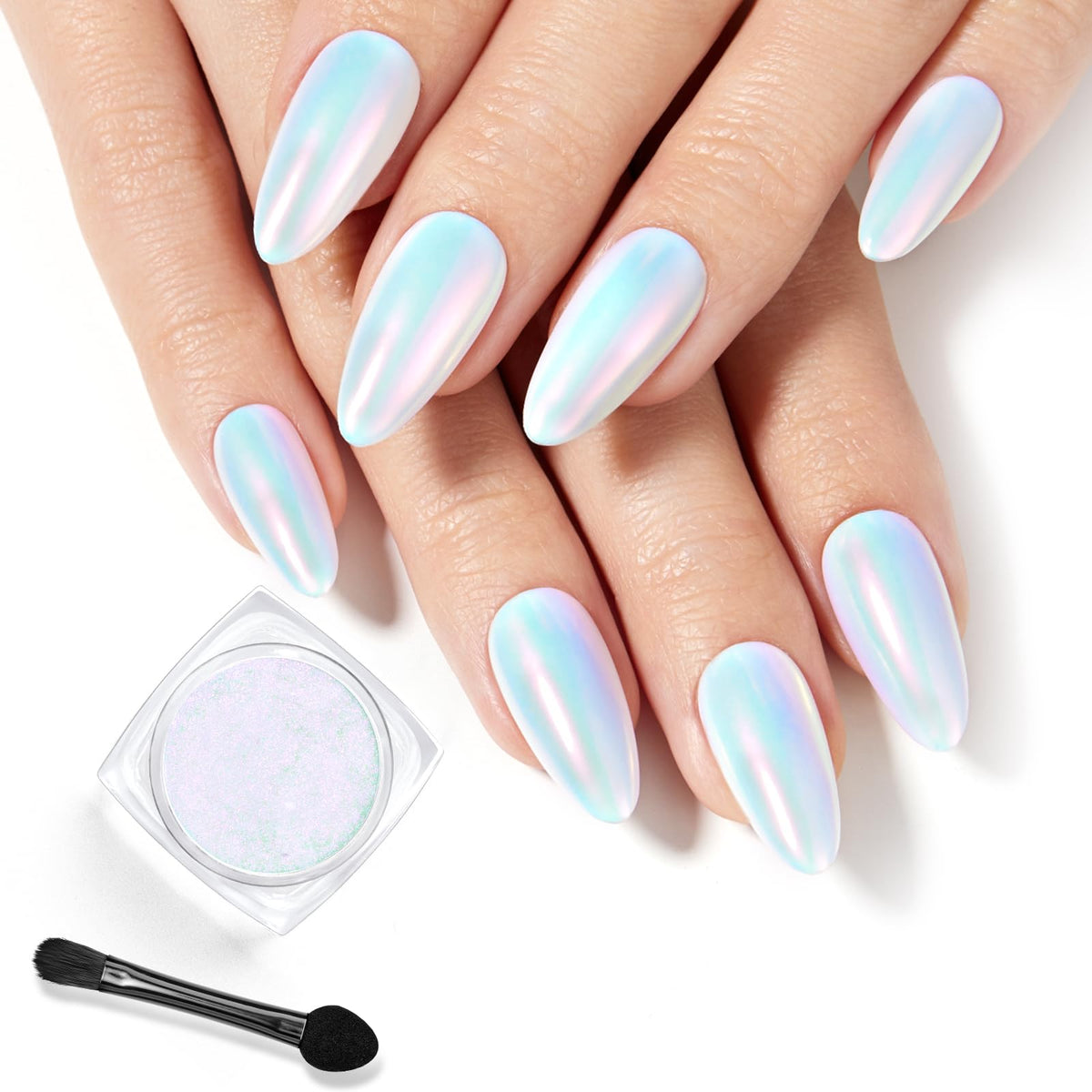 Beetles Chrome Poudre aurora sur ongles gel avec effet miroir holographique.