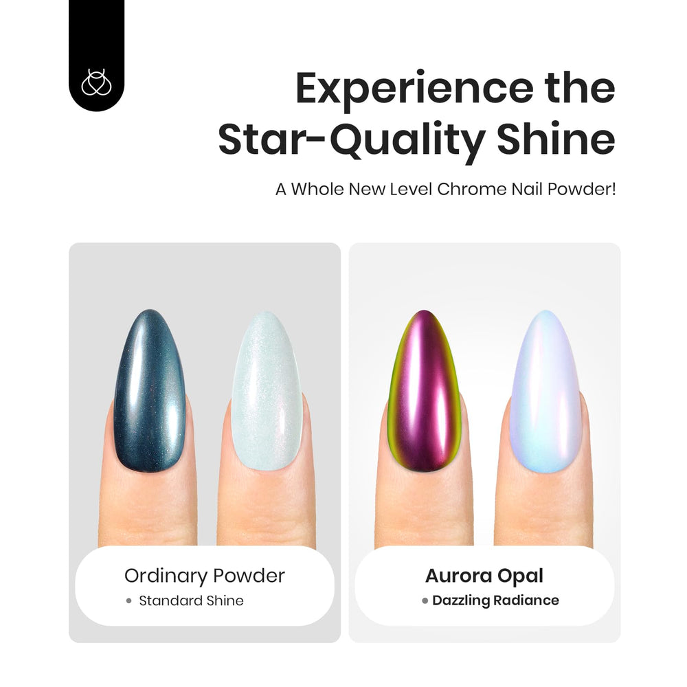 Beetles Chrome Poudre effet miroir sur ongles, reflets variables selon la base.
