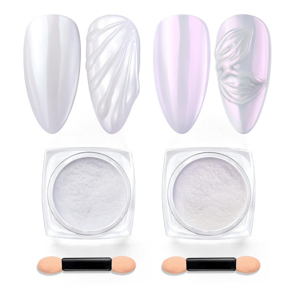 Beetles poudre chrome sur ongles avec pots blancs et violets pour effet miroir