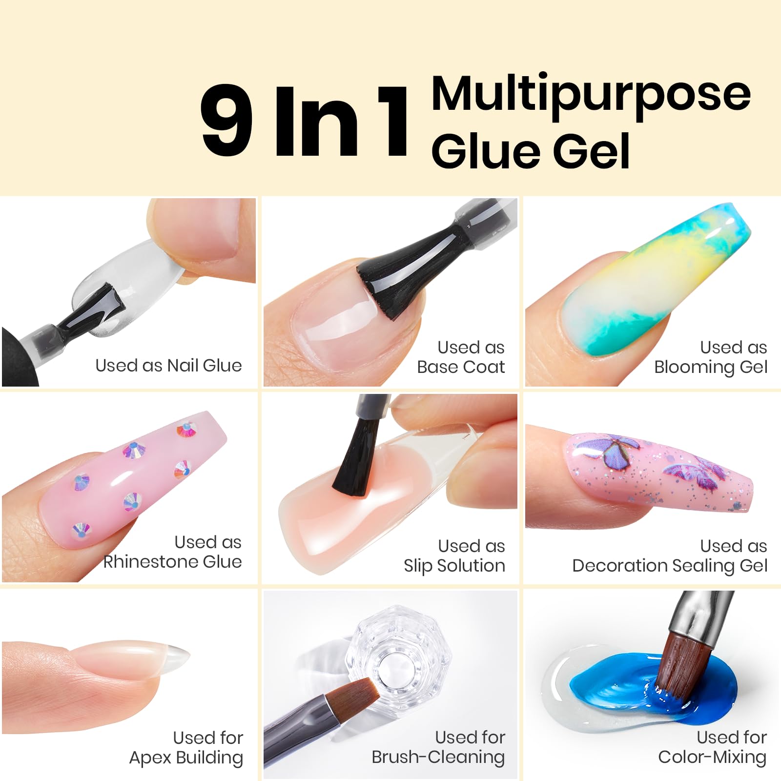 Beetles Colle Gel Ongles 9 en 1, pinceau précis pour application contrôlée.