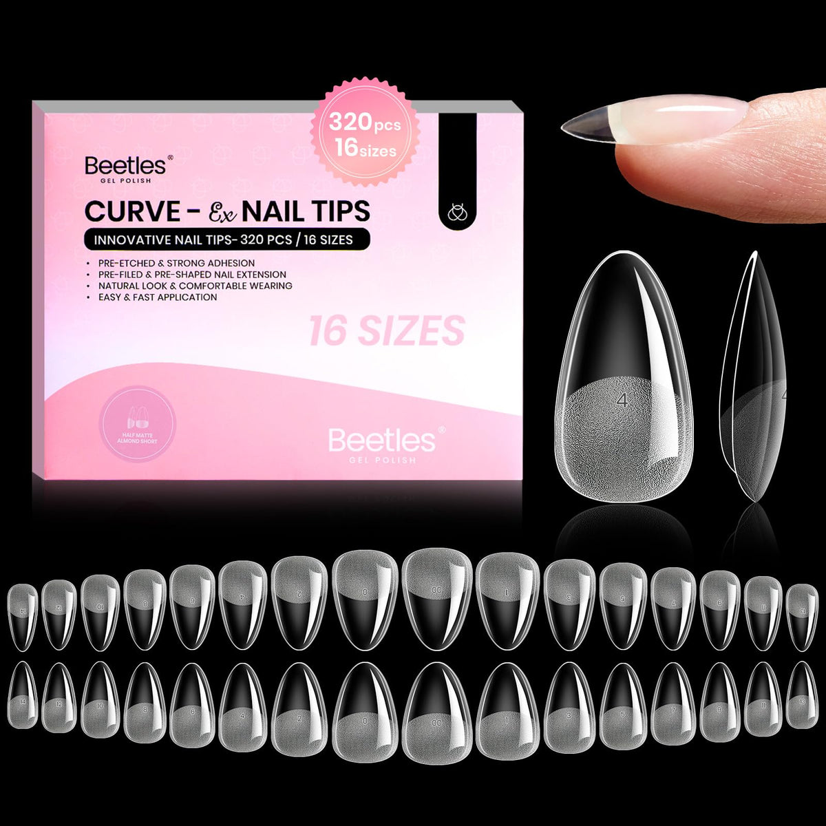 Beetles Curve-EX embouts almond court : finition naturelle et adhérence durable.