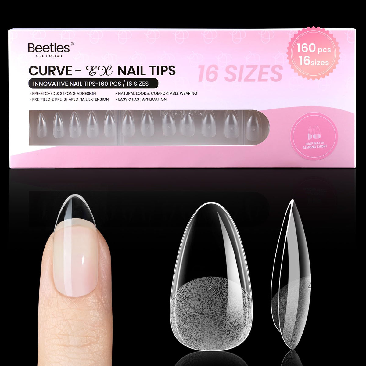 Beetles Curve-EX: ongles en amande courts pour extensions durables.