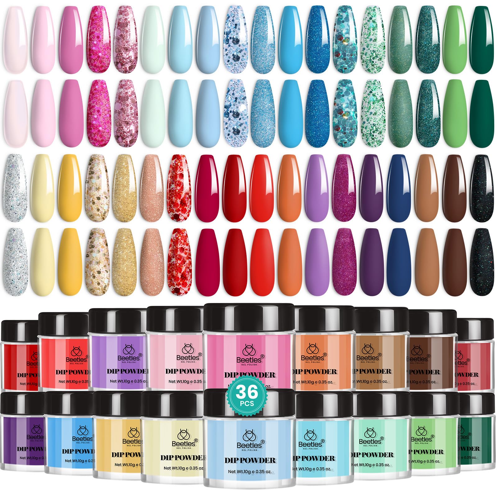 Beetles Dip Powder Kit: 36 couleurs pour des manucures variées et durables.
