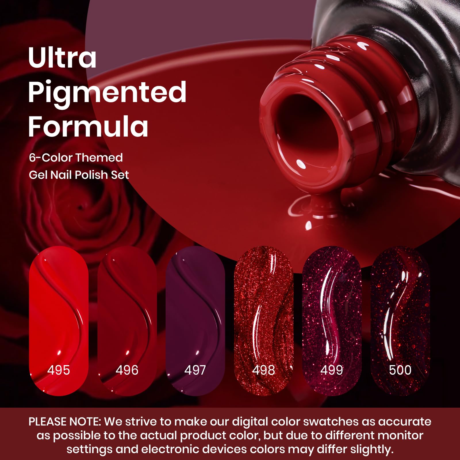 Échantillon de couleurs Beetles Poinsettia, rouges riches et finis variés.