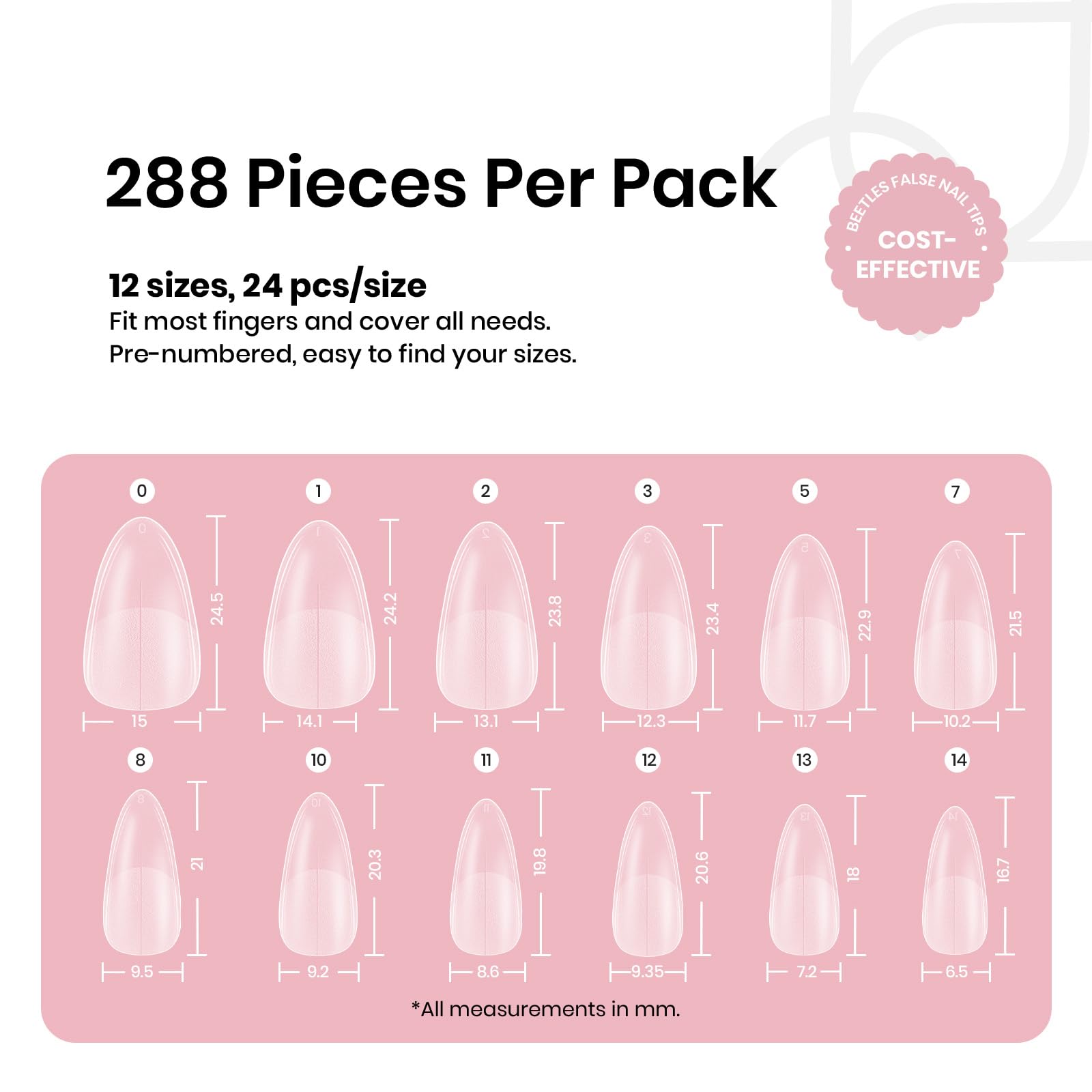 Kit Beetles avec 288 pièces en 12 tailles pour s’adapter à diverses formes d’ongles.