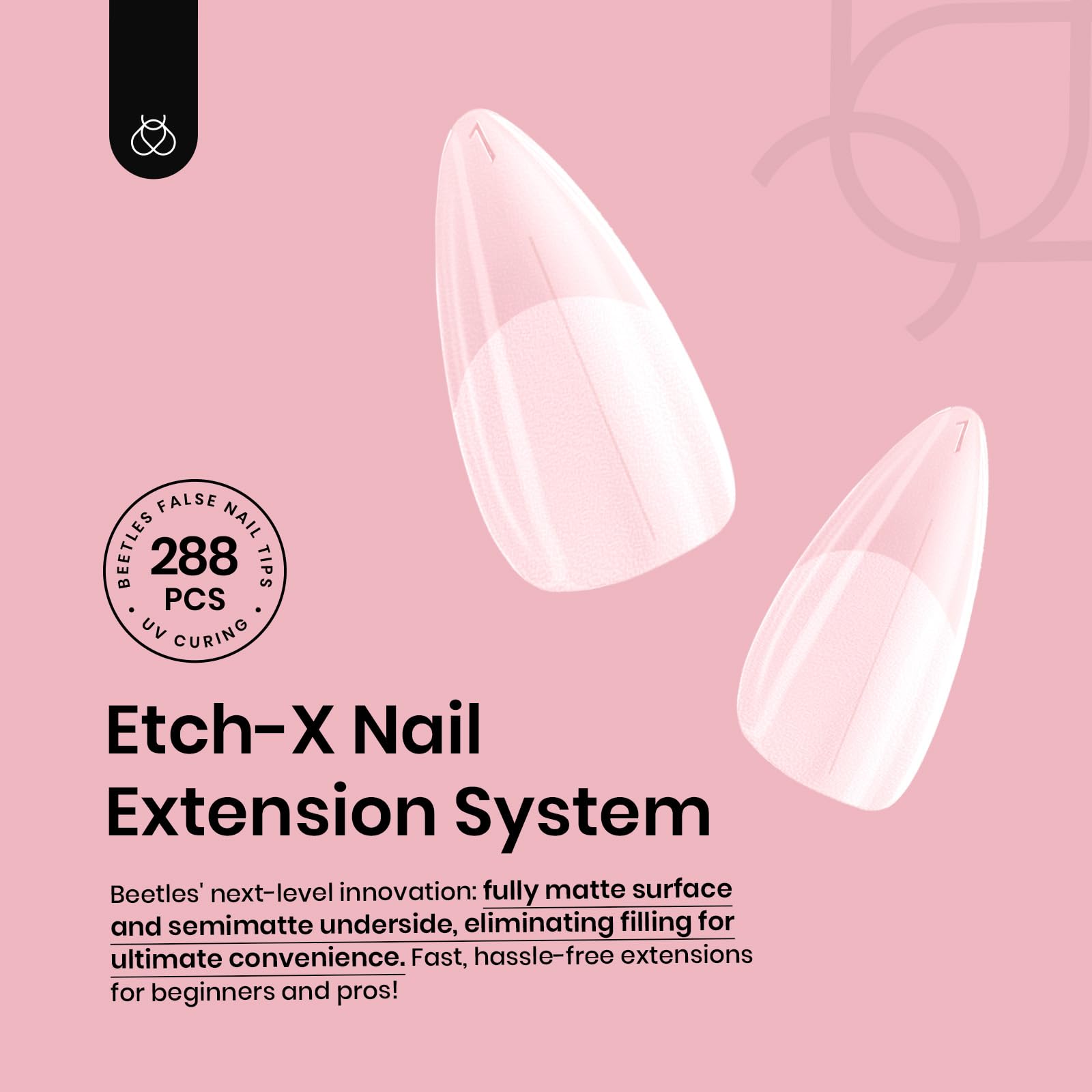 Beetles embouts d’ongles gel moyen amande avec ligne centrale pour alignement précis.