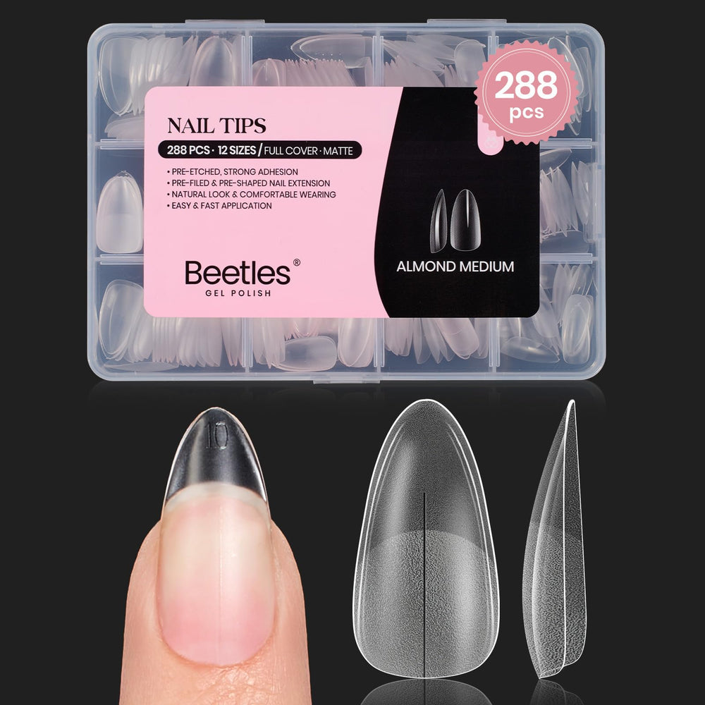 Beetles embouts d’ongles gel moyen amande matte prêts à l’emploi sans polissage nécessaire.