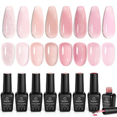Beetles ensemble vernis gel rose nude, longue tenue et fini brillant.