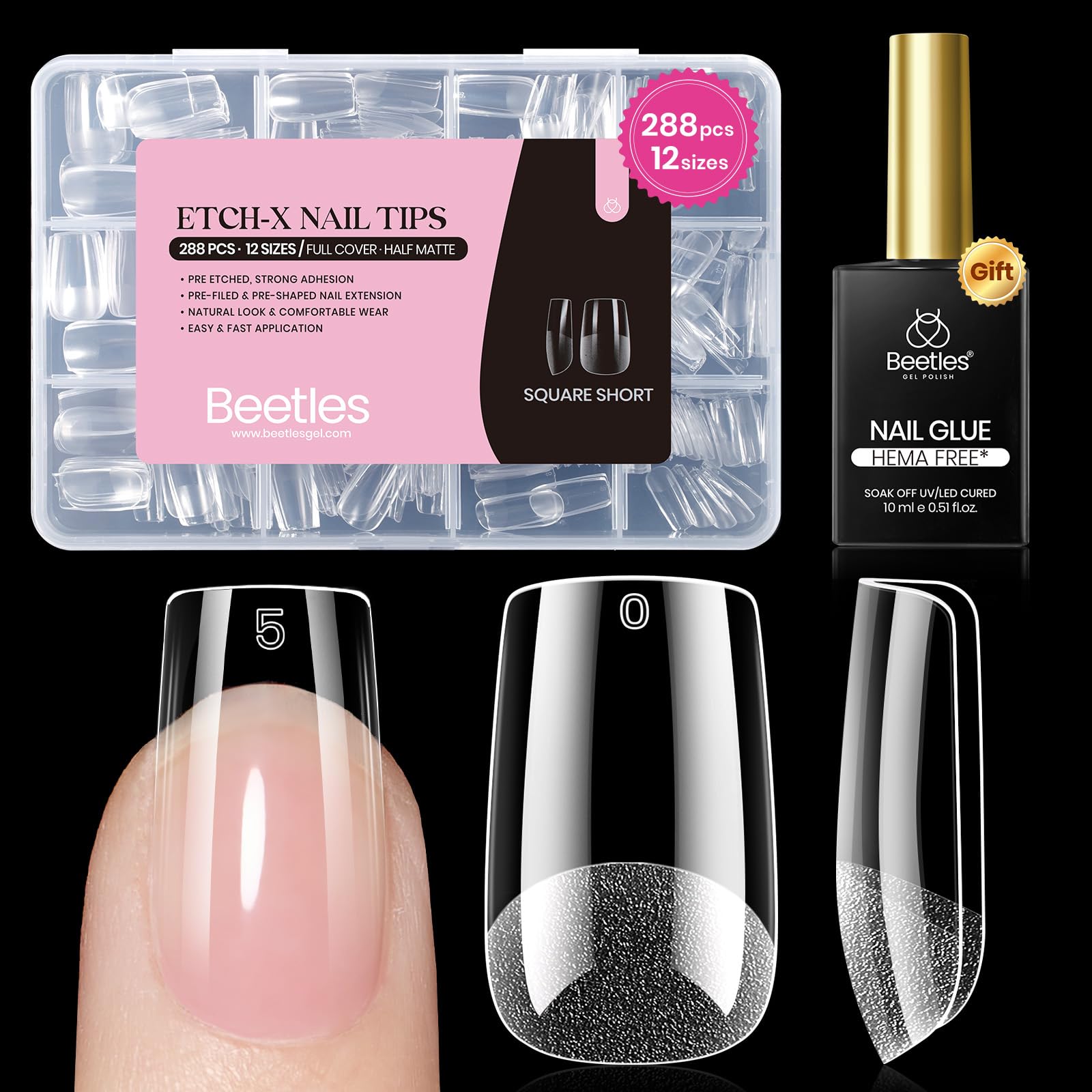 Beetles Etch-X extensions carré court, 288 pièces, ajustement précis pour vos ongles.
