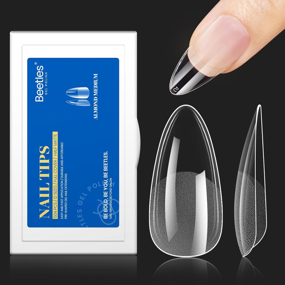 Beetles extensions d’ongles gel, forme amande et texture mat intérieur pour adhérence renforcée.