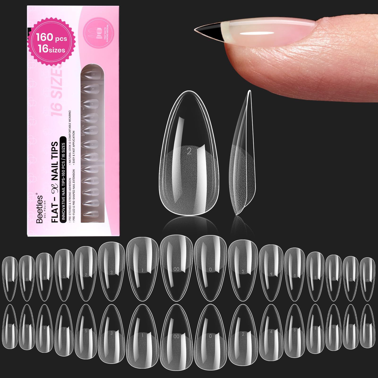 Beetles extensions ongles gel Flat-X amande moyen, pose rapide et uniforme.