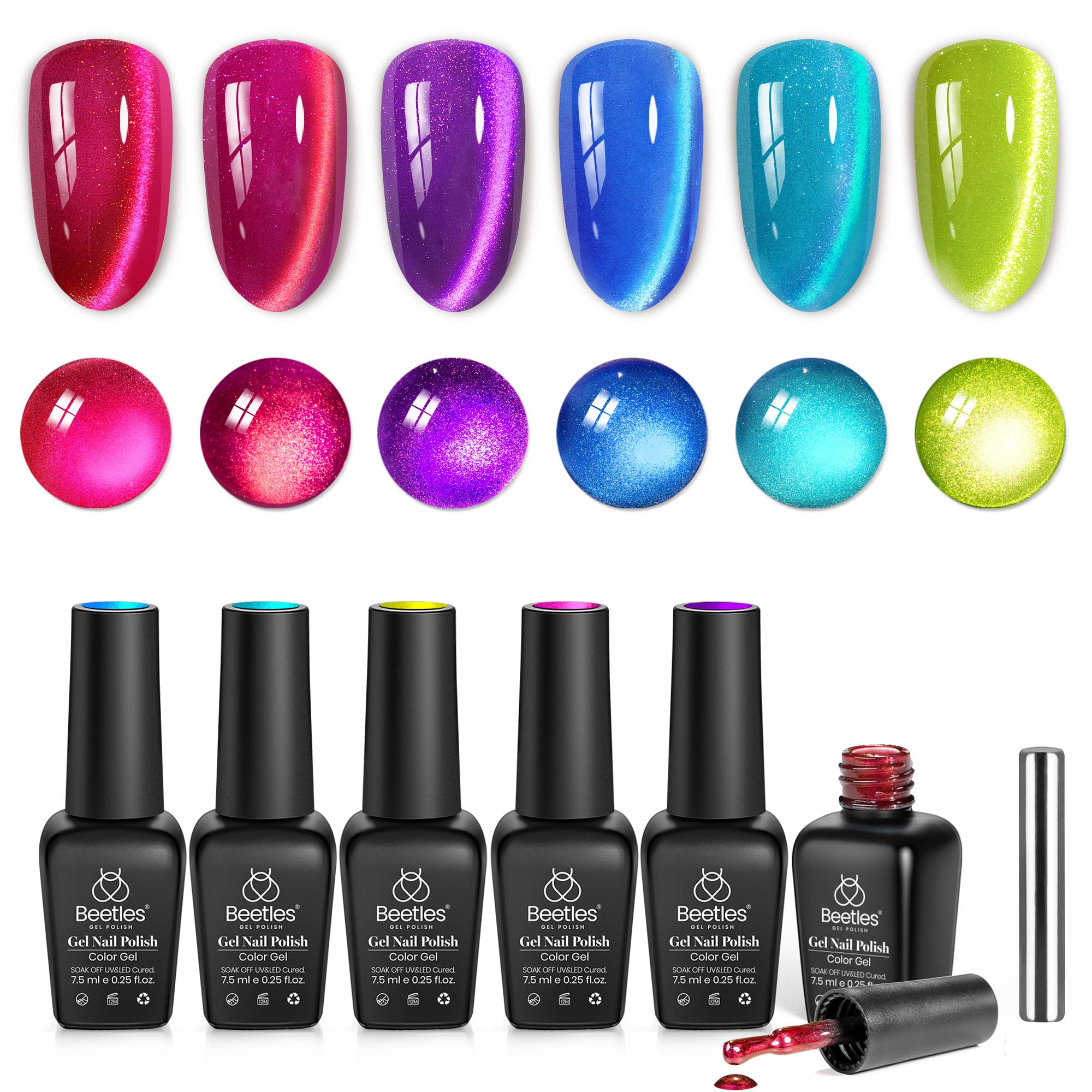 Beetles Fairy Prism Cat Eye Ensemble 6 couleurs : vernis gel durable et brillant magnétique.