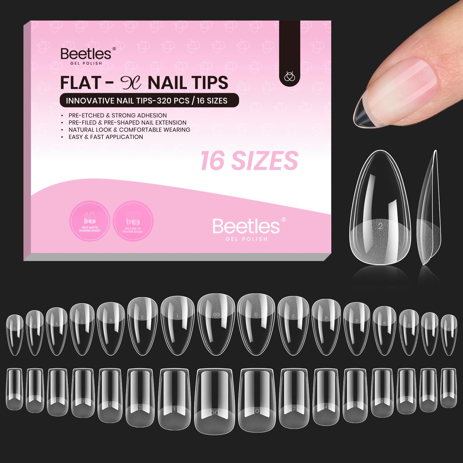 Beetles Flat-X amande carré court, adaptée pour ongles plats, offre une pose confortable.