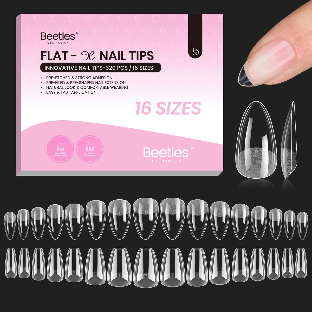 Beetles Flat-X amande-coffin tips, pose nette et confortable sur l’ongle.
