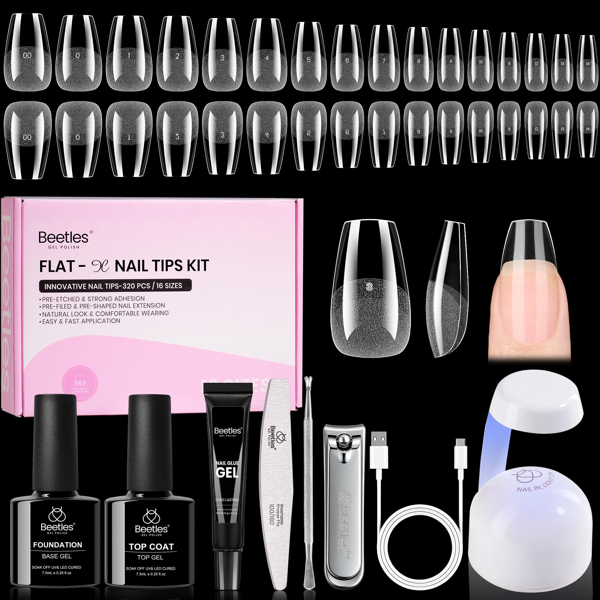 Beetles Flat-X forme cercueil court, extensions d’ongles faciles et ajustées sans décollement.