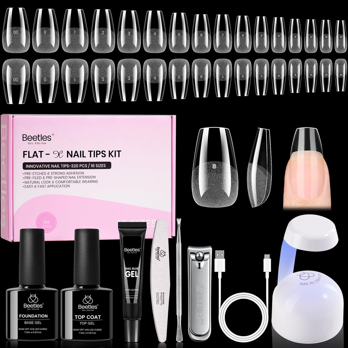 Beetles Flat-X forme cercueil court, extensions d’ongles faciles et ajustées sans décollement.